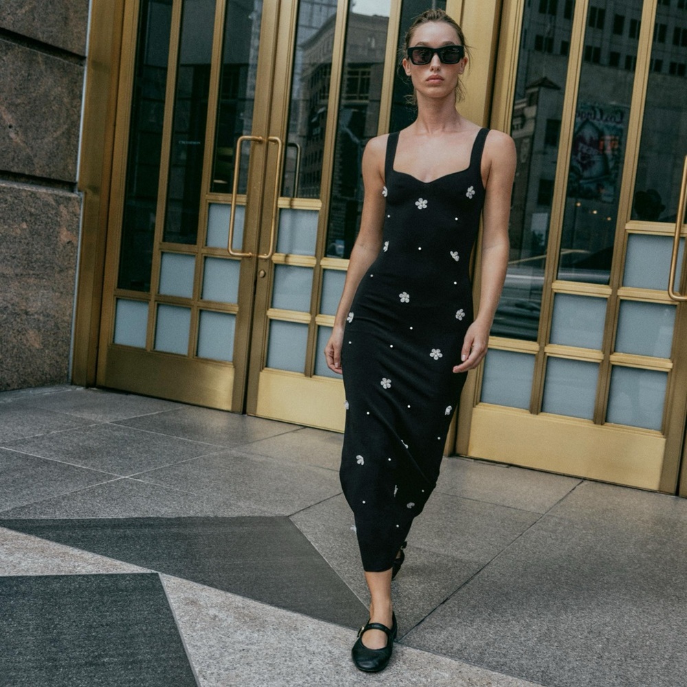 Zara Black Midi Dress with White Floral Pattern